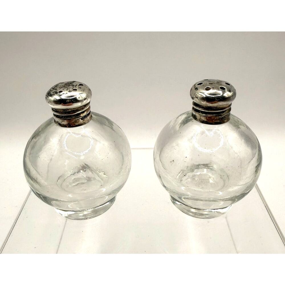Vintage Sterling Silver & Miniature Bulb Shaped Glass Salt & Pepper Shaker Set